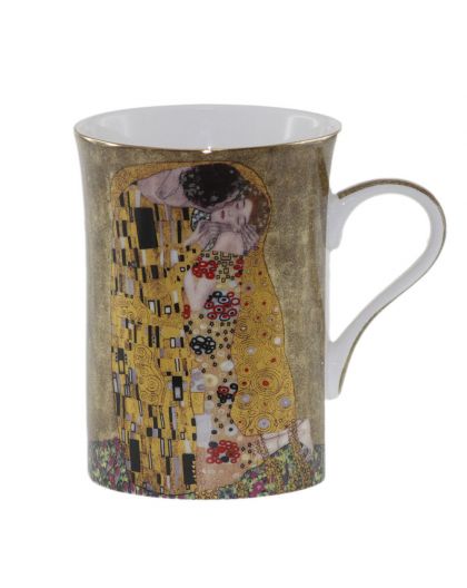 Подаръчна чаша с капаче за чай от серията "Целувката" на златен фон