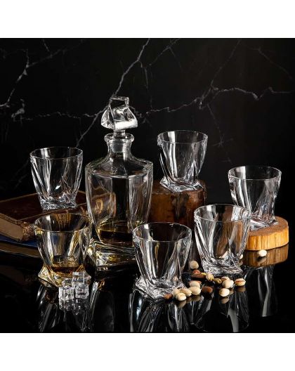 6 Bohemia crystal glasses and carafe for whiskey "Quadro"