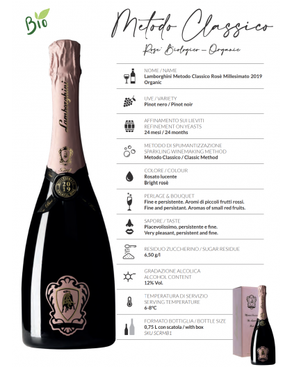 Lamborghini sparkling wine Classic Method Rosé Millesimato BIO Organic