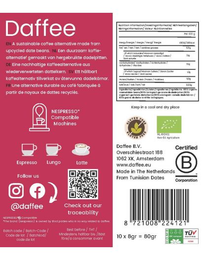 Daffee - Чисто, кафе от костилки от фурми, 10 Компостируеми капсули