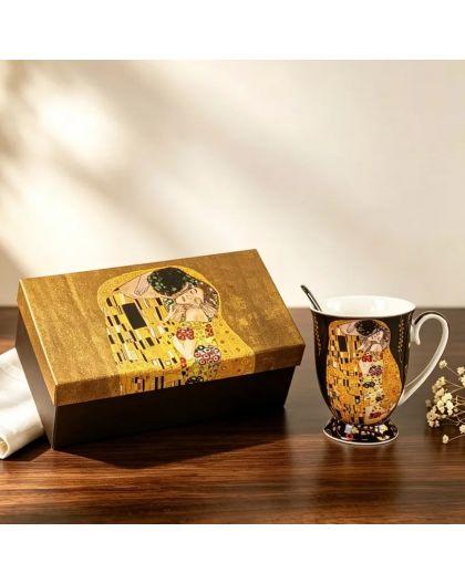Set of two gift cups with spoons, The Kiss, gold and black – 280 ml