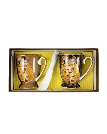 Set of two gift cups with spoons, The Kiss, gold and black – 280 ml