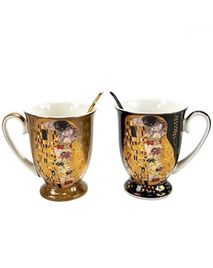 Set of two gift cups with spoons, The Kiss, gold and black – 280 ml