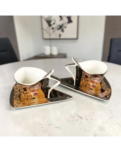 Set of two espresso cups, Gustav Klimt, The Kiss in black and gold, 90 ml