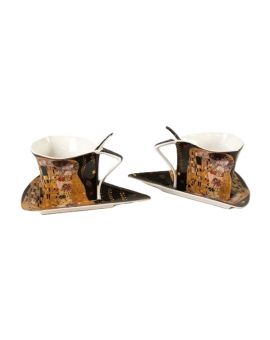 Set of two gift cups with saucers and spoons – The Kiss in black and gold – 180 ml