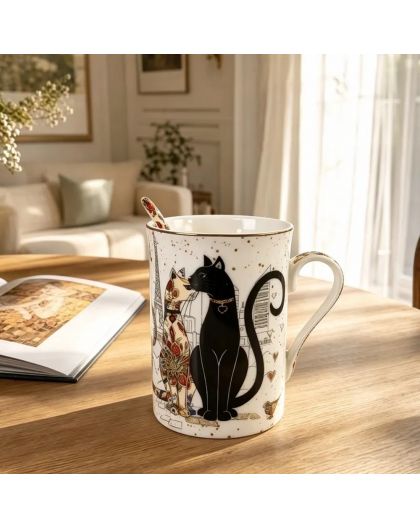 Gift cup with porcelain spoon, Cats Closeness, 300 ml