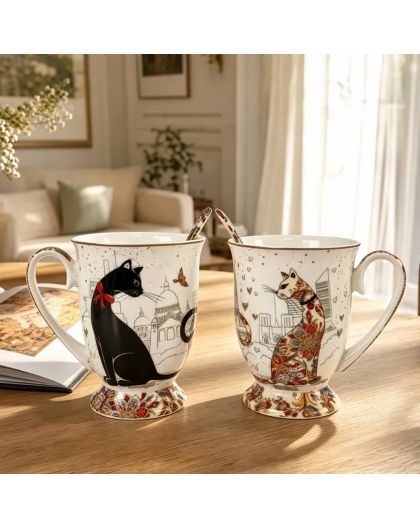 Set of two gift cups with porcelain spoons, Cats tenderness and closeness,280 ml