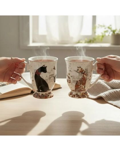 Set of two gift cups with porcelain spoons, Cats tenderness and closeness,280 ml