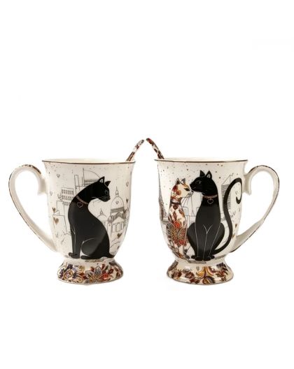 Set of two gift cups with porcelain spoons, Cats tenderness and closeness,280 ml