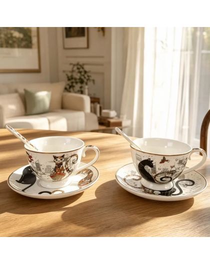 Set of two gift espresso cups with saucers, Cats tenderness and closeness, 90 ml