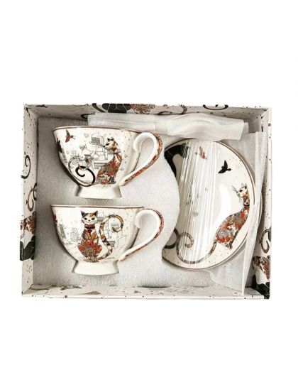 Set of two gift espresso cups with saucers, Cats tenderness and closeness, 90 ml