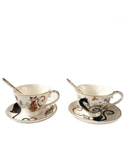 Set of two gift espresso cups with saucers, Cats tenderness and closeness, 90 ml