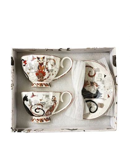 Set of two gift cups with saucers, Cats tenderness and closeness, 250 ml