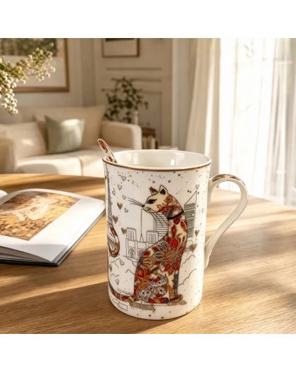 Gift cup with porcelain spoon, Cats tenderness, 300 ml