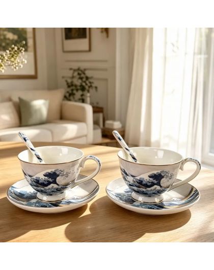 Two gift cups with saucers and spoons, Katsushika Hokusai,The Great Wave off Kanagawa, 220 ml