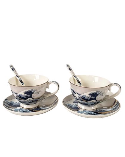 Two gift cups with saucers and spoons, Katsushika Hokusai,The Great Wave off Kanagawa, 220 ml
