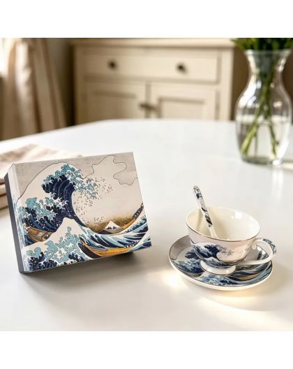 Two gift espresso cups with saucers and spoons, Katsushika Hokusai, The Great Wave off Kanagawa, 90 ml