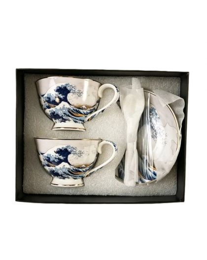 Two gift espresso cups with saucers and spoons, Katsushika Hokusai, The Great Wave off Kanagawa, 90 ml