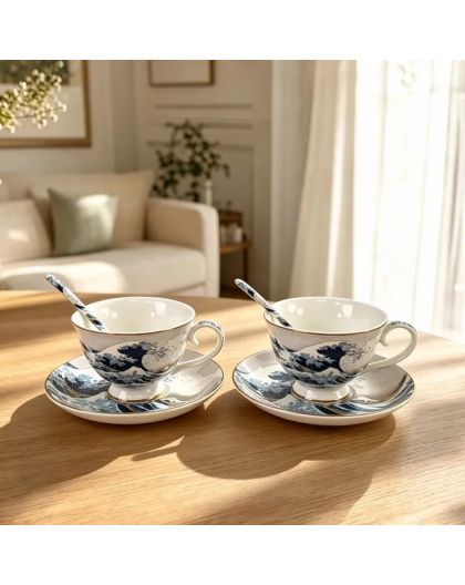 Two gift espresso cups with saucers and spoons, Katsushika Hokusai, The Great Wave off Kanagawa, 90 ml