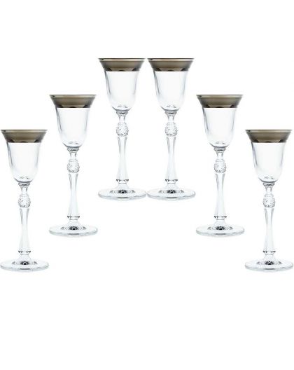 6 Bohemia Crystal Liquor glasses with silver colored kant "Parus"